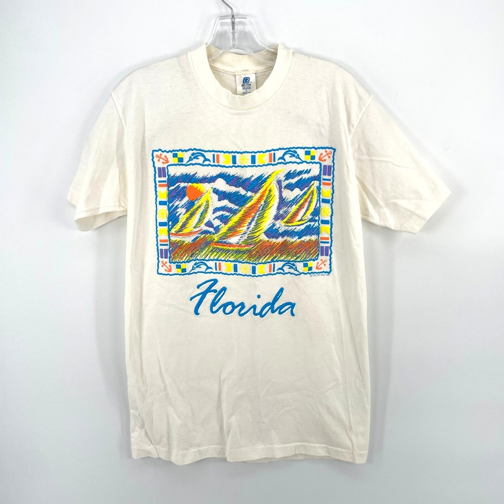 Puff Print Florida Sailboat T-Shirt Mens S 36" (Tag says L) Single-Stitch 90s‎
